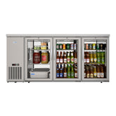 72 in. Commercial Three Glass Door Back Bar Cooler Refrigerator with Side Condenser and Compressor, LED Lighting, 18 Cu. Ft Capacity in Stainless-Steel (KM-BC-3GD-SCSS)